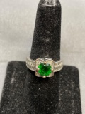 Round Faceted 7mm Green Spinel Center w/ Round White CZ Accents Sterling Silver Ring Band