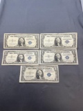 5 Count Lot of United States Silver Certificate $1 Bill Notes from Estate