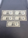 5 Count Lot of United States Silver Certificate $1 Bill Notes from Estate