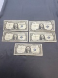 5 Count Lot of United States Silver Certificate $1 Bill Notes from Estate