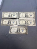 5 Count Lot of United States Silver Certificate $1 Bill Notes from Estate