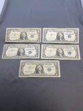 5 Count Lot of United States Silver Certificate $1 Bill Notes from Estate