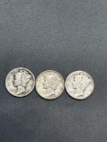 3 Count Lot of United States Mercury Dimes - 90% Silver Coins from Estate Collection