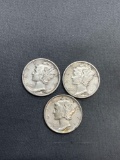 3 Count Lot of United States Mercury Dimes - 90% Silver Coins from Estate Collection