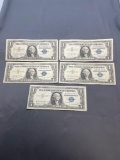 5 Count Lot of United States Silver Certificate $1 Bill Notes from Estate