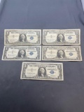 5 Count Lot of United States Silver Certificate $1 Bill Notes from Estate