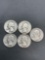 5 Count Lot of 90% Silver United States Washington Quarters from Estate Collection