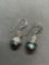 Rhinestone Studded Round 9mm Faux Black Pearl 18mm Long Pair of Sterling Silver Earrings