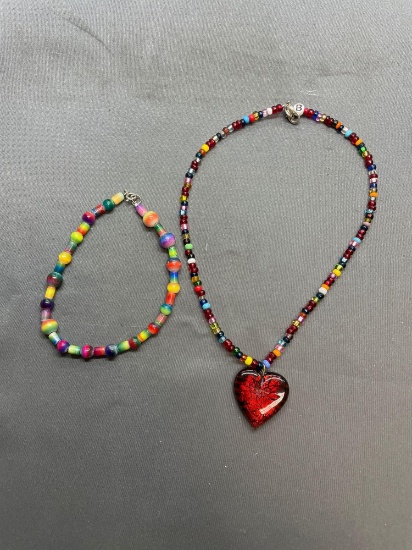 Lot of Two Colorful Beaded Fashion Jewelry, One 16in Long Necklace w/ Heart Pendant & One 8in Lon