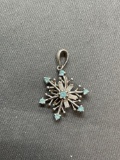 Round & Baguette Faceted Blue & White CZ Accented 18mm Diameter Sterling Silver Snowflake Pendant