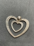 Laser Carved Detailed 20mm Tall 23mm Wide Double Heart Signed Designer Sterling Silver Heart Pendant