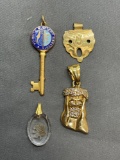 Lot of Four Gold-Tone Fashion Pendants, One Jesus, One Rose, One City of Sarasota & One Numeral 8