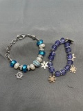 Lot of Two Silver-Tone Colorful Beaded Fashion Bracelets