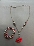 Lot of Two Colorful Beaded Fashion Jewelry, One Coil Bracelet & One 28in Long Necklace w/ Hot Lips