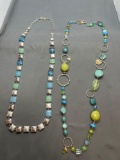 Lot of Two Colorful Blue & Green Beaded Fashion Necklaces, One 36in Long & One 38in Long