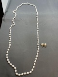 Lot of Two White Bead Featured Fashion Jewelry, One 48in Long Necklace & One Pair of Clip-On