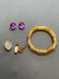 Lot of Two Genuine Gemstone Featured Jewelry, One Bamboo Shaped Amber Quartz Bracelet & One Pair of