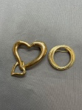 Lot of Two Gold-Tone Fashion Brooches, One Twin Heart & One Round
