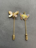 Lot of Two Gold-Tone Butterfly Motif 2in Long Fashion Hat Pins