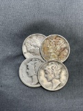4 Count Lot of 90% Silver United States Mercury Dimes from Estate Collection