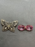 Lot of Two Silver-Tone Fashion Brooches, One Avon Designer Butterfly & One Twin Oval Faceted Pink