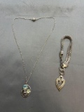 Lot of Two Silver-Tone Fashion Jewelry Items, One 8in Long Bracelet w/ Heart Charm & One 22in Long