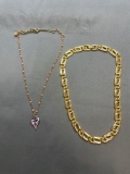 Lot of Two Gold-Tone Fashion Jewelry, One 18in Long Necklace w/ Glass Heart Pendant & One High