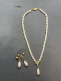 Lot of Two Matched Set Gold-Tone Faux Pearl Featured Jewelry, One 16in Long Necklace & Pair of