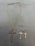 Lot of Three Cross Themed Fashion Pendants, One w/ 18in Long Chain