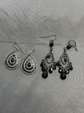 Lot of Two Noir Art Deco Styled Teardrop Shaped Pairs of Fashion Earrings