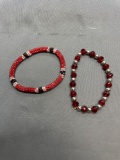 Lot of Two Red Beaded 7in Long Stretchable Fashion Bracelets