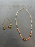 Lot of Two Faux Pearl Featured Gold-Tone Fashion Jewelry, One 22in Long Necklace & One 7in Long