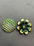 Lot of Two Large Round Green Colored Fashion Brooches