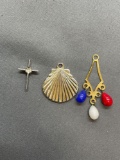 Lot of Three Fashion Pendants, One Cross, One Clamshell & One Chandelier Style