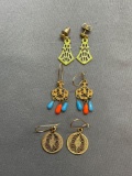 Lot of Three Gold-Tone Milgrain Lace Detailed Pairs of Fashion Earrings