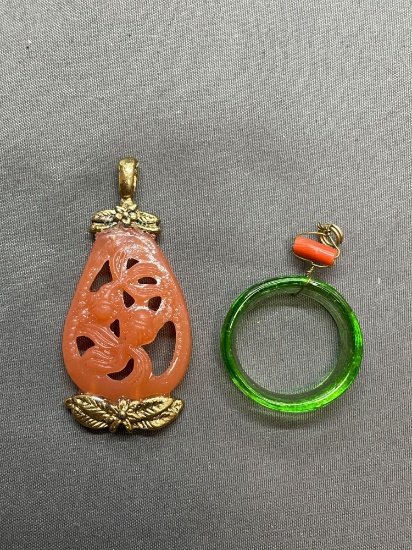 Lot of Two Fashion Pendants, One Faux Jade Carved & One Handmade Glass