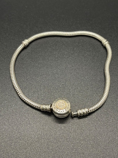 Pandora sterling snake chain round clasp w/cz's charm bracelet 8 inch