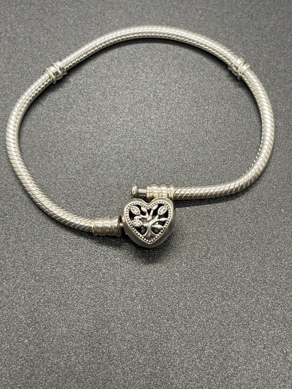 Pandora Sterling Snake Chain Heart Shaped Filigree Clasp Bracelet 6.75 inch