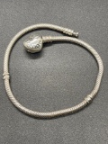 Pandora Sterling Snake Chain Heart Clasp Charm Bracelet 8.25 inch