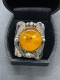 Sterling Vintage Siam 17mm Amber Ring Size 10.25 From Large Estate