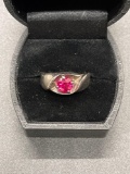 Sterling Ring with Man Made Ruby Size 9.5 From Large Estate