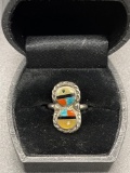 Sterling Native Turquise/Coral/MOP/Onyx Inlaid Ring Size 4 From Large Estate
