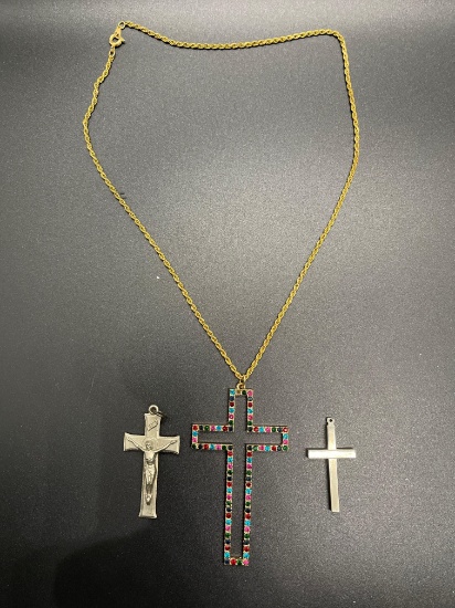 Lot of Three Cross Themed Fashion Pendants, One w/ 18in Long Chain