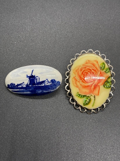 Lot of Two Hand-Painted Porcelain Fashion Brooches
