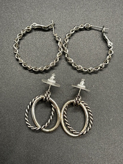 Lot of Two Rope Detailed Silver-Tone Pairs of Fashion Earrings