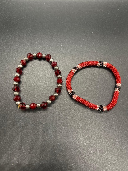 Lot of Two Red Beaded 7in Long Stretchable Fashion Bracelets