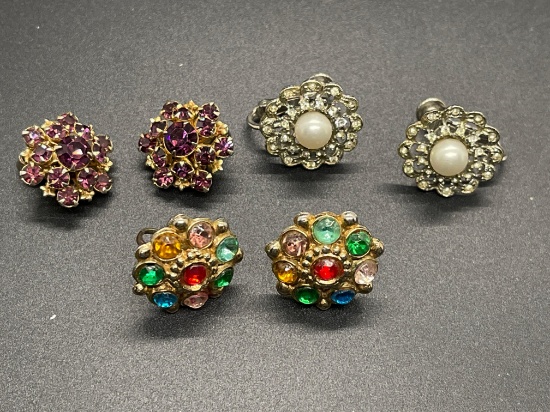 Lot of Three Round Cluster Setting Rhinestone Accented Pairs of Fashion Button Earrings