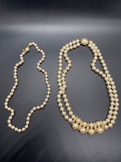 Lot of Two Faux Pearl Featured Fashion 18in Long Necklaces, One Signed Designer Marvella