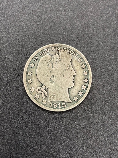 1915-S Silver 90% Barber Half Dollar =.358 Troy ounces pure Silver From Large Collection