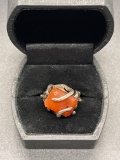 Sterling Ring W/ Orange Colored Stone From Large Estate